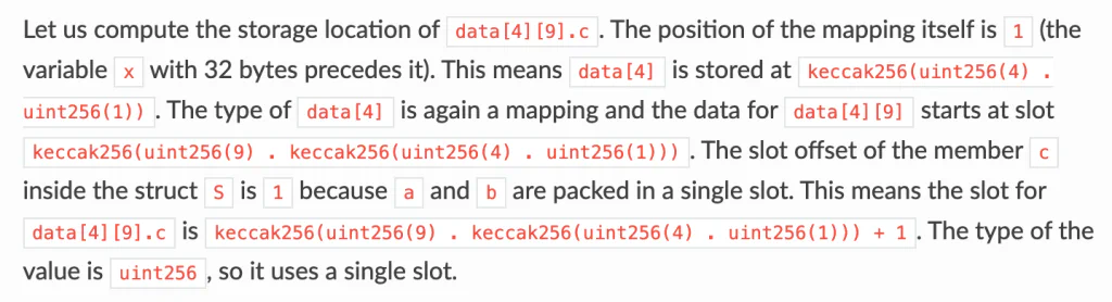 Excerpt from the Solidity storage documentation showing an example calculation of a nested mapping&rsquo;s storage slot using keccak256