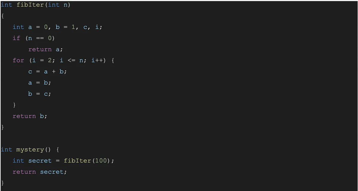 Mystery function that calls fibIter(100) to obtain a secret value