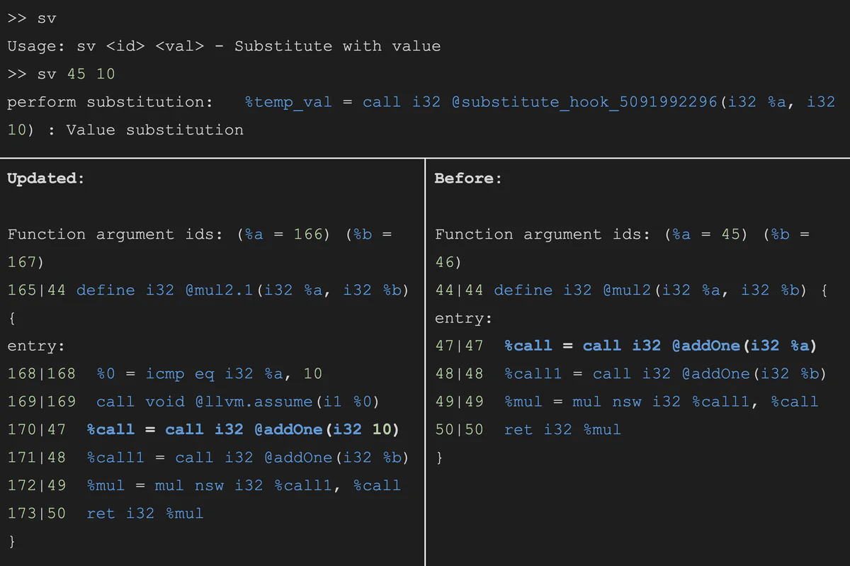 LLVM IR after substituting parameter a with 10