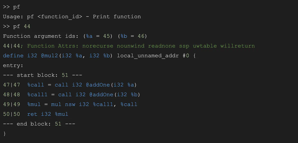 Annotated LLVM IR for the mul2 function