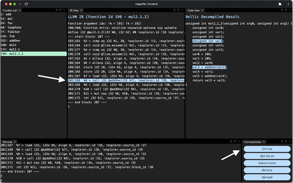 Clicking an IR instruction selects it and highlights the related C code. We can then inline the selected instruction using the Inline button. The same can be done for the other call instruction.