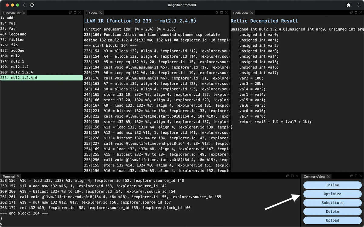 After inlining both function calls, we can now optimize the function using the Optimize button. This uses all the available LLVM optimizations.