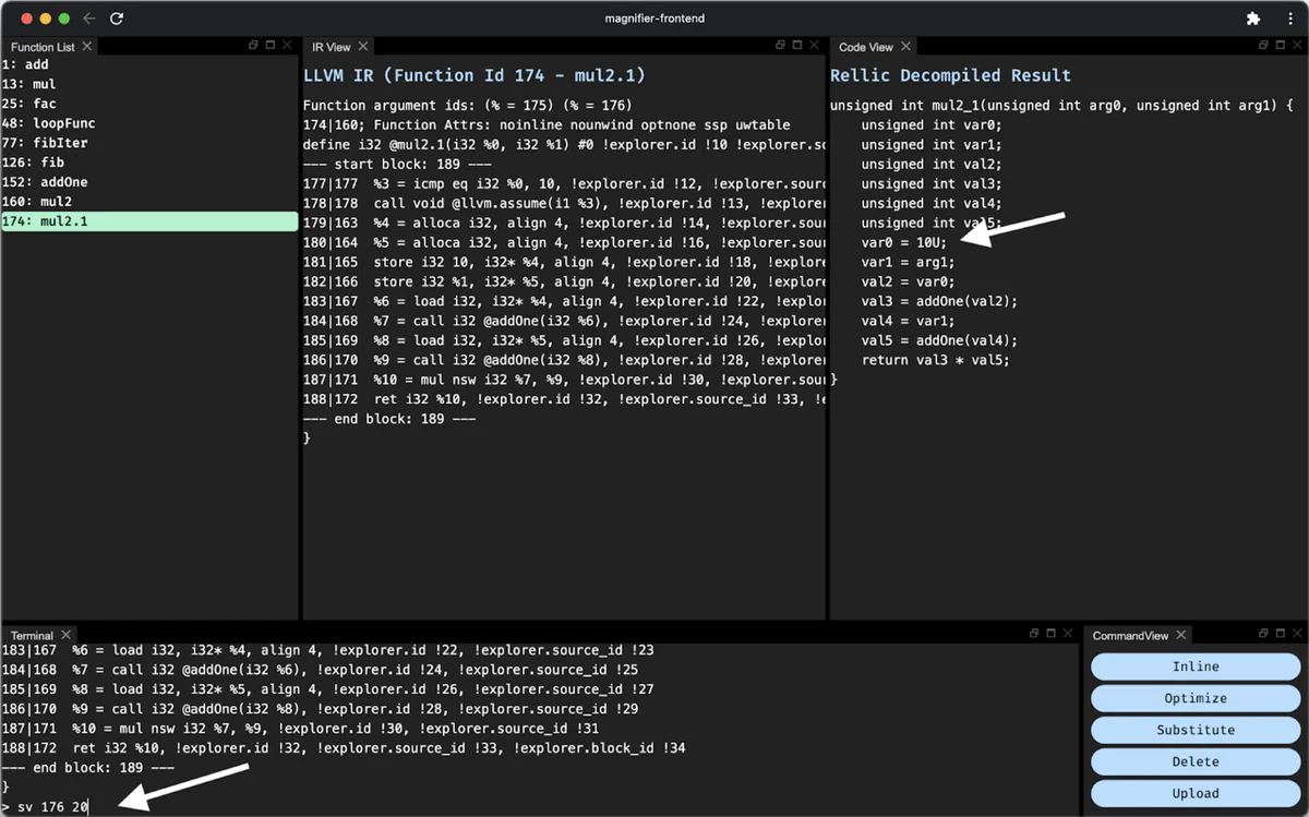 The C code view and the IR view are automatically updated with the new value. We can do the same for the second parameter.