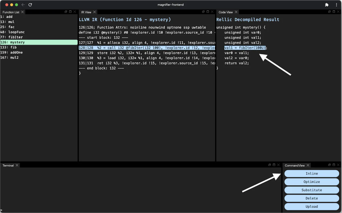 Select the “fibIter” function call instruction and click the “Inline” button