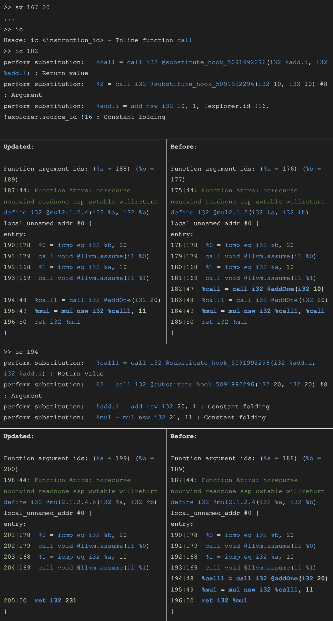 LLVM IR after substituting parameter b and inlining the addOne calls