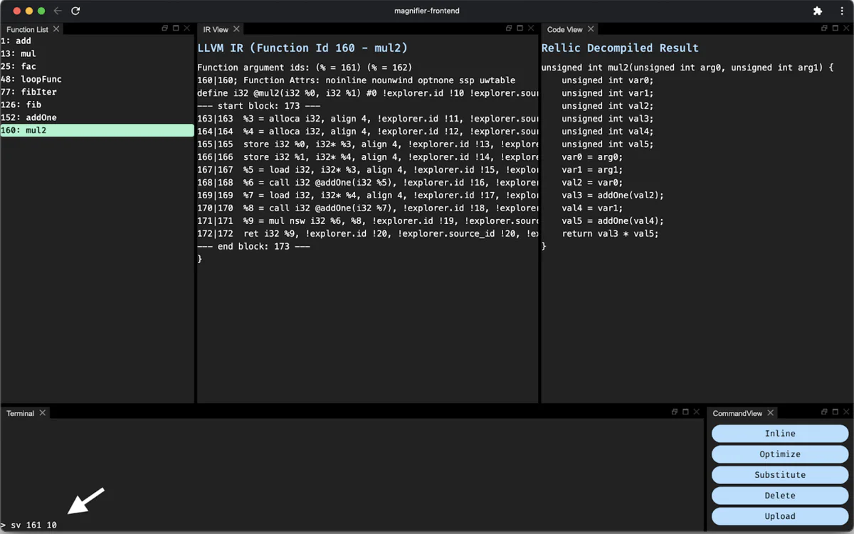 The Terminal view exposes the same set of Magnifier commands, which we can use to substitute the value for the first argument.