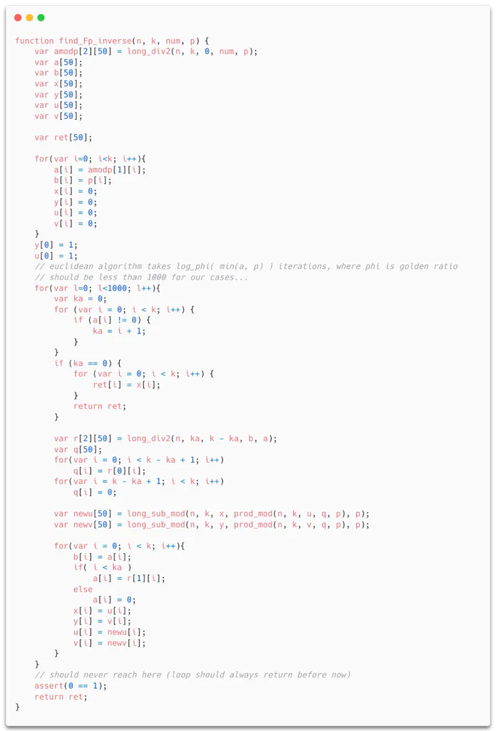 Screenshot of the find_Fp_inverse function from the circom-pairing repository