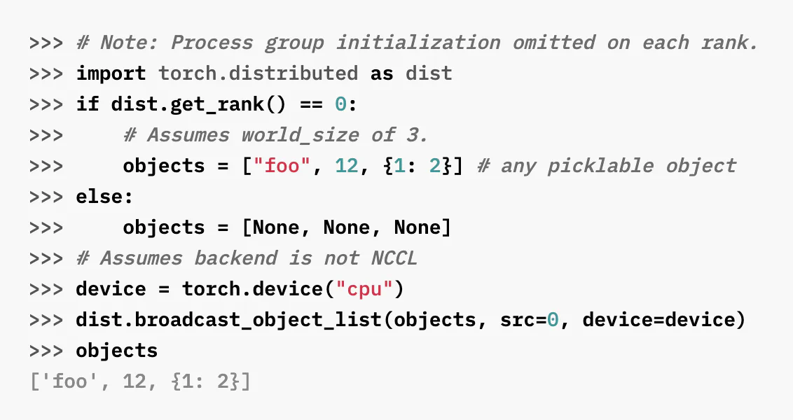 PyTorch Distributed broadcast_object_list usage example