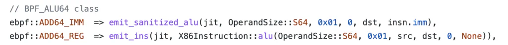 Screenshot of the existing x86 translation code for the eBPF ADD instruction