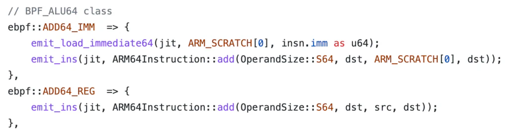 Screenshot of the translated ARM64 code for the eBPF ADD instruction