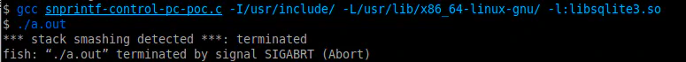 Terminal output showing the proof-of-concept program crashing with a SIGABRT signal instead of SIGSEGV