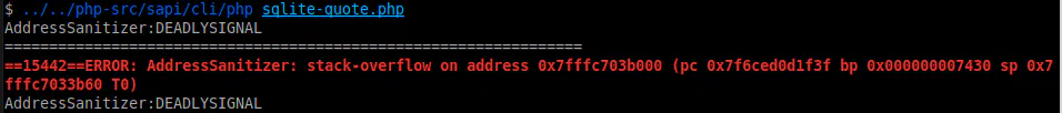 Terminal output showing AddressSanitizer detecting a stack-overflow crash in the PHP interpreter