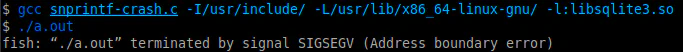 Terminal output showing the proof-of-concept program crashing with a SIGSEGV signal