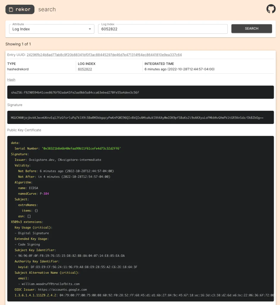 Screenshot of the Rekor web interface showing search results for log index 6052822, including the entry UUID, hash, signature, and public key certificate details