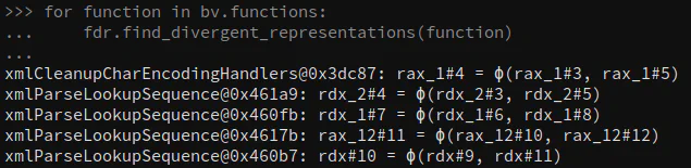 The first five Phi nodes identified by the Binary Ninja script in its scan of libxml2.so