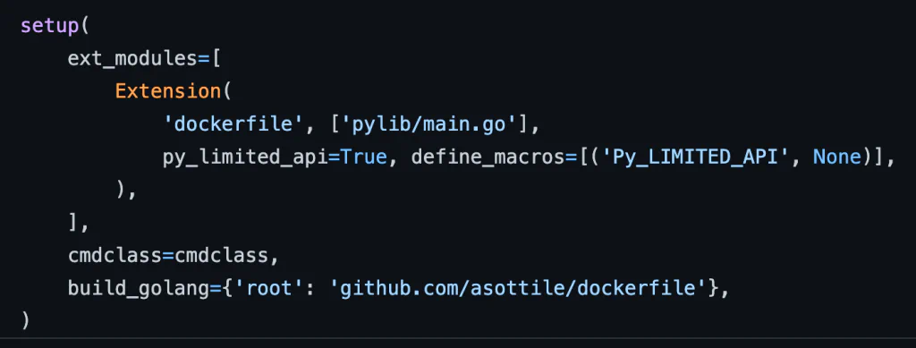 Code screenshot of dockerfile’s setup.py setting py_limited_api=True with no value defined for the Py_LIMITED_API macro