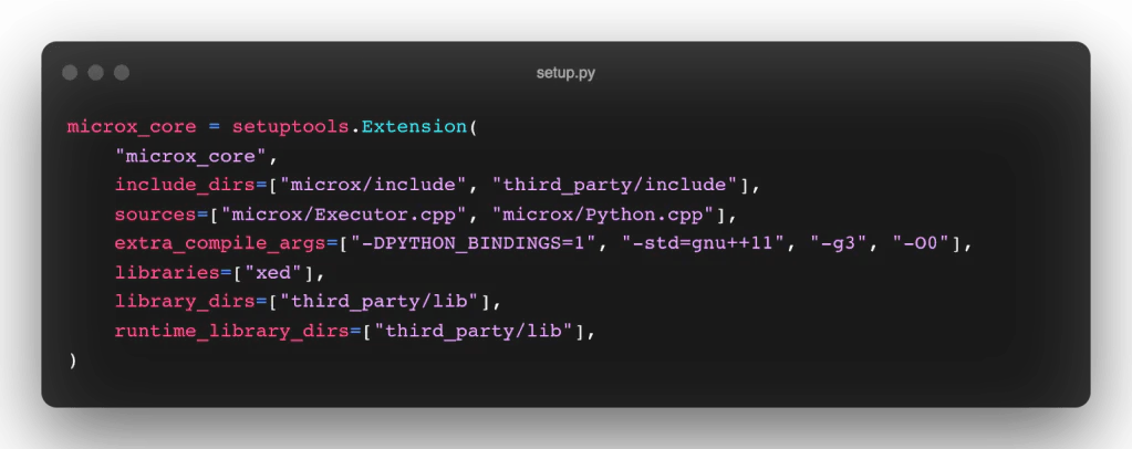 Code screenshot of microx’s setup.py defining the microx_core extension with setuptools.Extension
