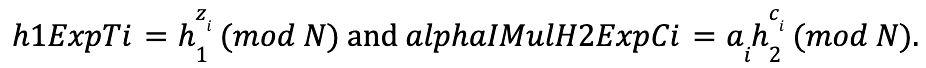 Equations for h1ExpTi and alphaIMulH2ExpCi computed for each bit of the challenge c