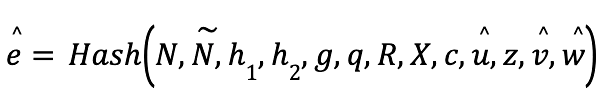 Equation for the recomputed challenge value e-hat as a hash of the proof parameters