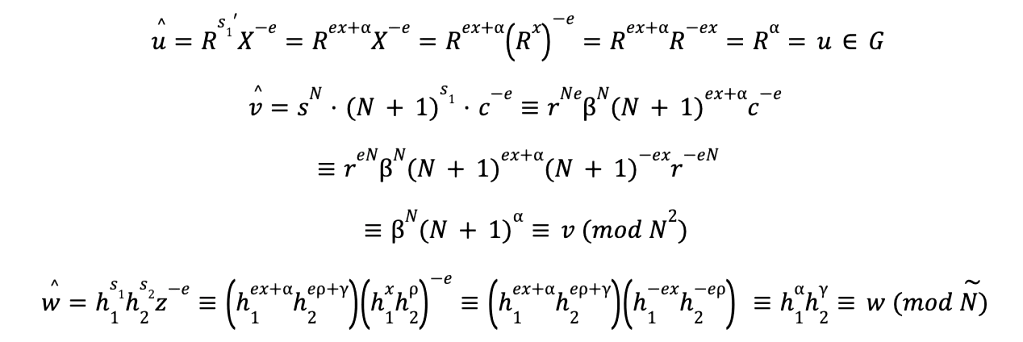 Derivation showing that u-hat, v-hat, and w-hat equal u, v, and w for a valid proof