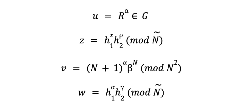 Equations for u, z, v, and w computed by Bob in the Paillier discrete log proof
