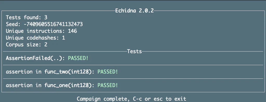 Echidna terminal output showing the fuzzing summary for VulnerableContract, including seed inputs and no assertion failures found