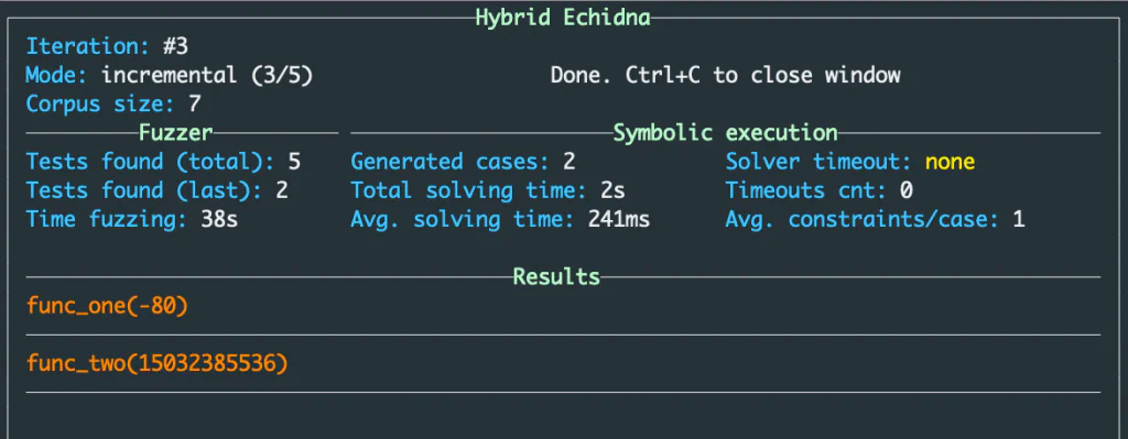 Hybrid Echidna terminal output showing timing information and the two assertion failures found in func_one and func_two