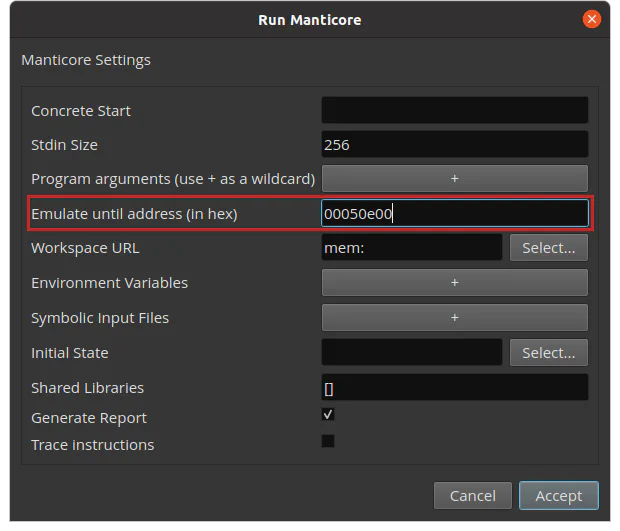 Screenshot of the emulate_until field in the ManticoreUI Manticore run options