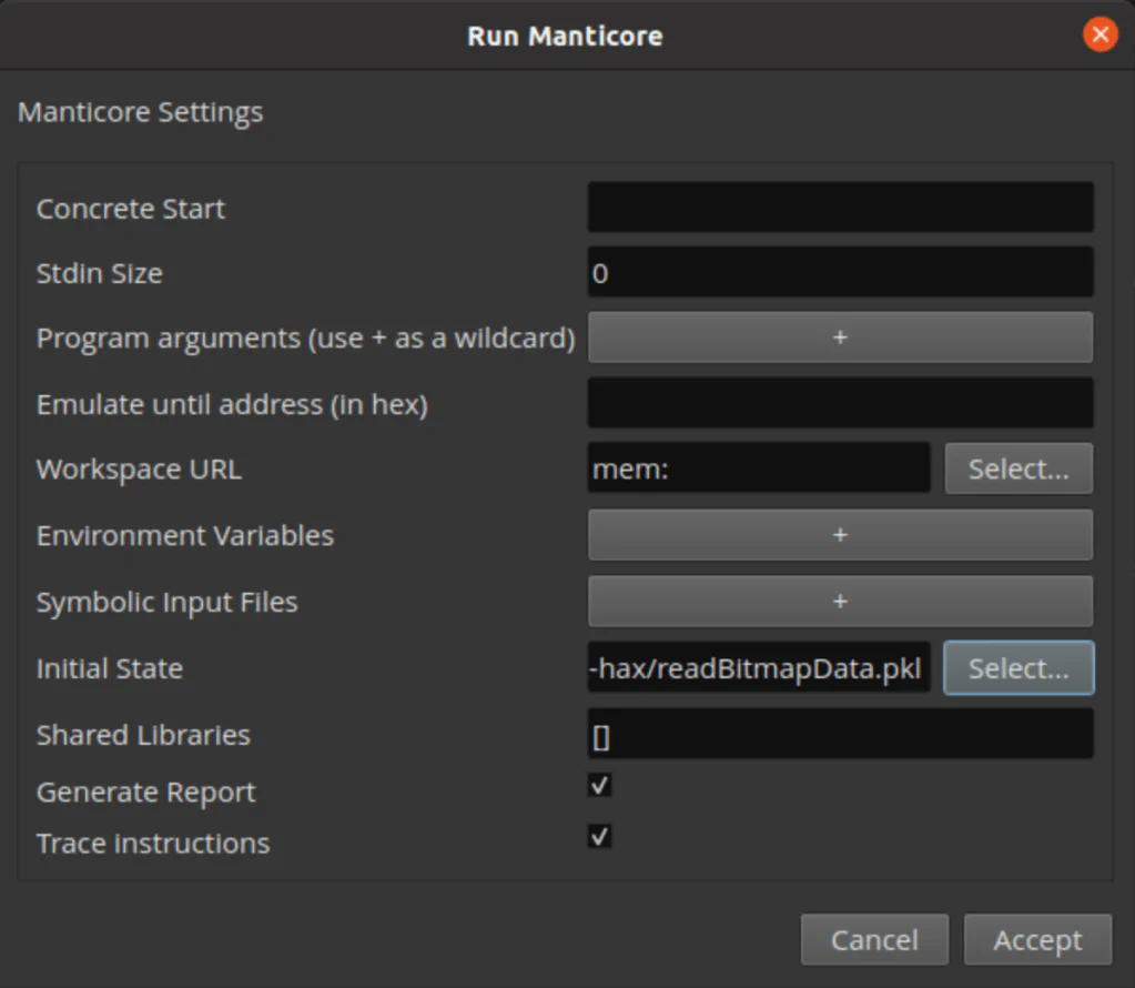Screenshot of the ManticoreUI graphical user interface panel in Binary Ninja