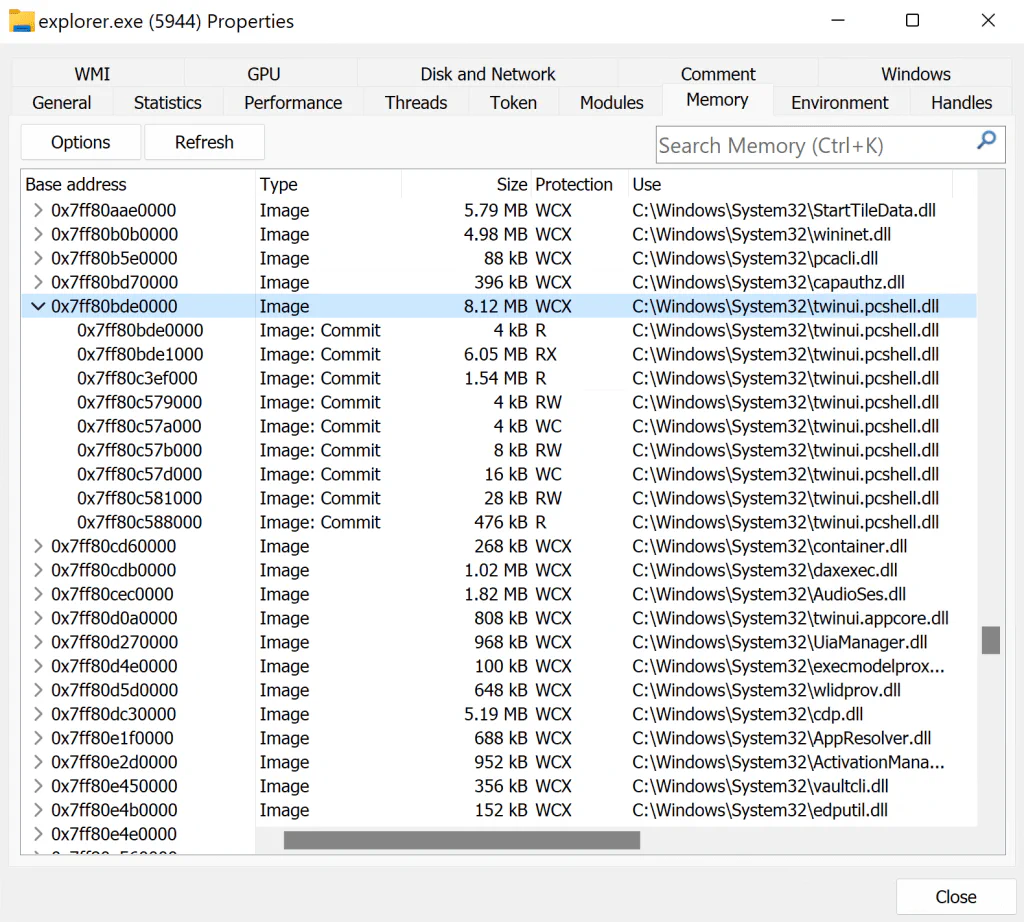 Process Hacker output showing the unmapped memory region referenced by the unresolved ProcMon stack frames