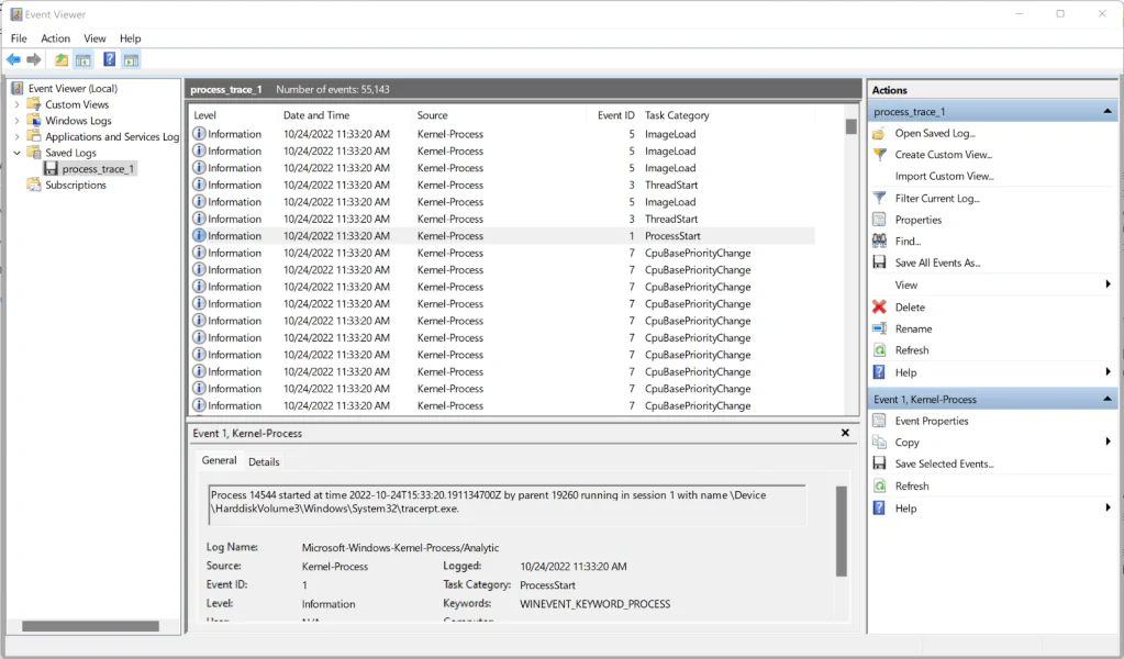 Event Viewer showing a ProcessStart event (Event ID 1) captured from the Microsoft-Windows-Kernel-Process ETW channel