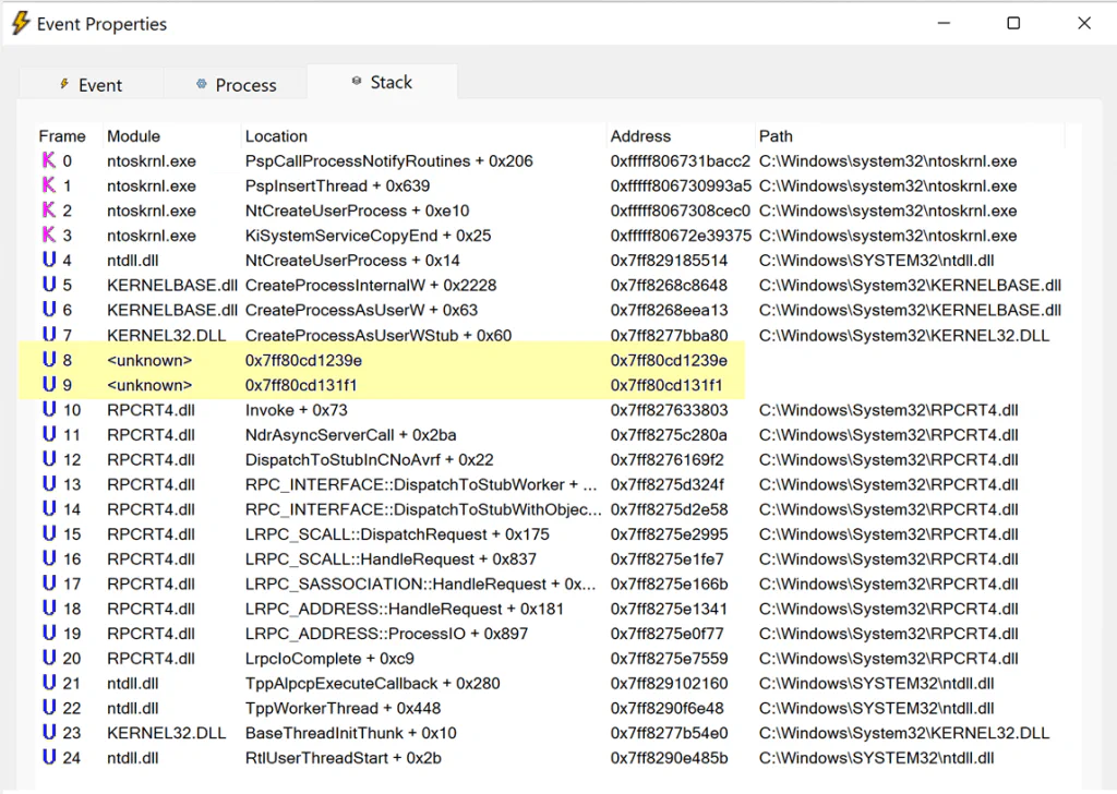 ProcMon call stack for the Windows Terminal process creation, showing frames 8 and 9 with no symbols or module name