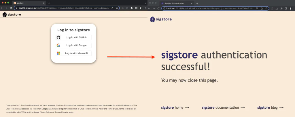 Sigstore OAuth2 login screen and the resulting successful authentication confirmation page