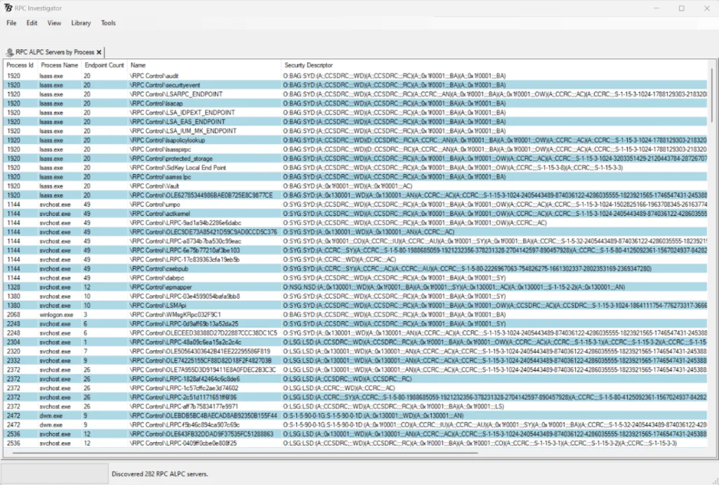 Table view of discovered RPC ALPC servers grouped by hosting process in RPC Investigator