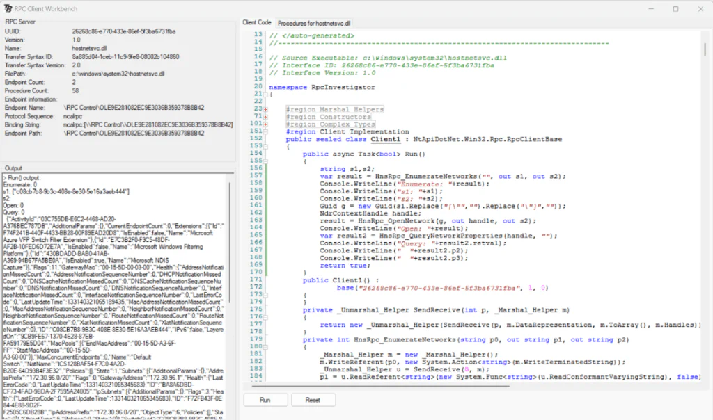 The RPC Investigator Client Workbench window showing generated client source code and procedures for the Host Network Service RPC server