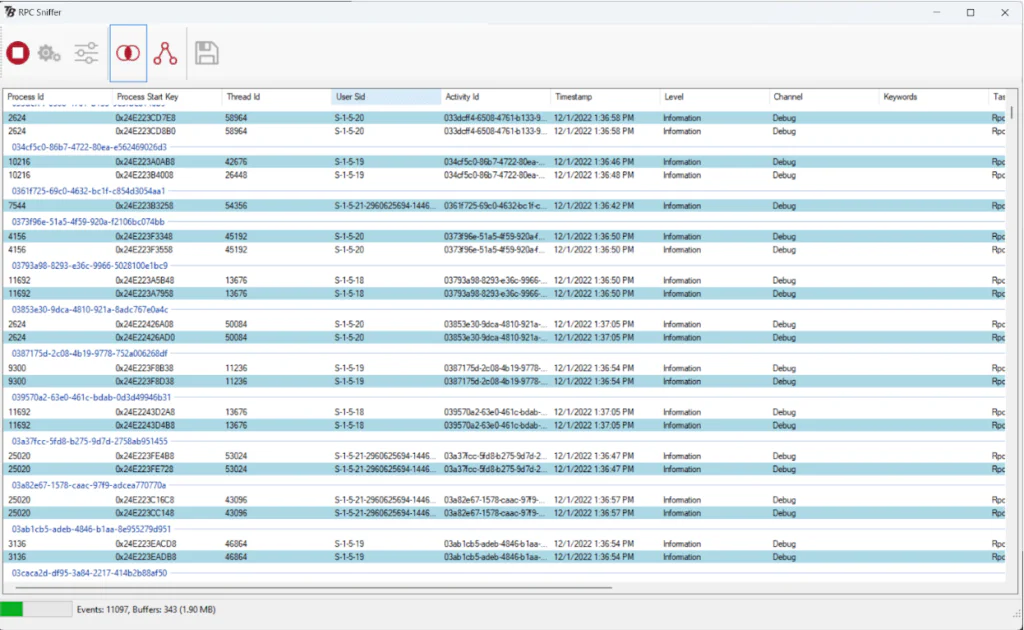 RPC Sniffer table view of RpcClientCall and RpcServerCall events grouped by ActivityId