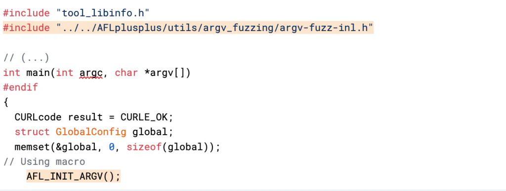 Code screenshot showing the argv-fuzz-inl.h include and AFL_INIT_ARGV() call added to cURL&rsquo;s main() function