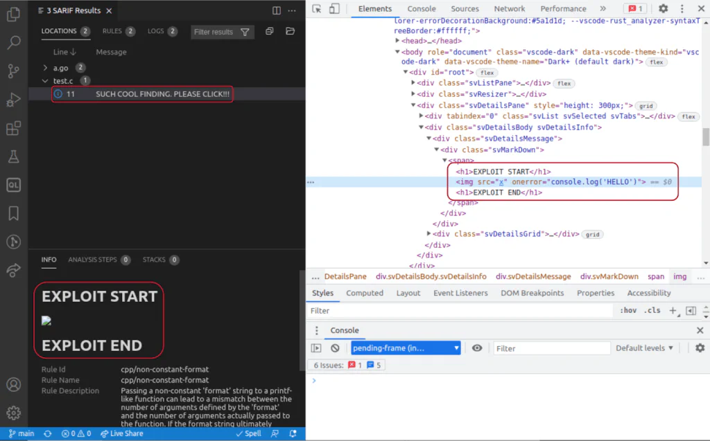 PoC exploit in action. On the right, we see the JavaScript injected in the DOM. On the left, we see where it is rendered.