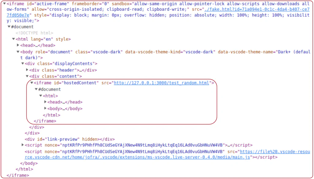 DevTools view of the nested hostedContent iframe inside the Live Preview extension’s Webview