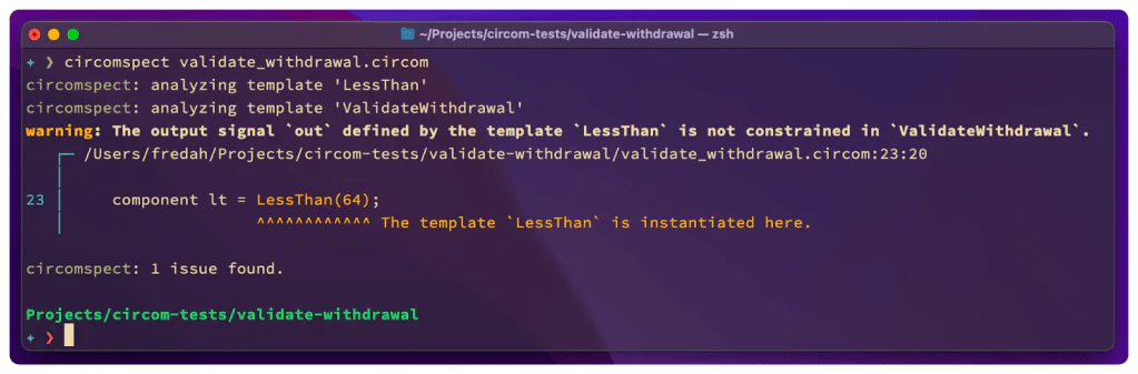 Circomspect now generates a warning if it finds that the output signals defined by a template are not properly constrained