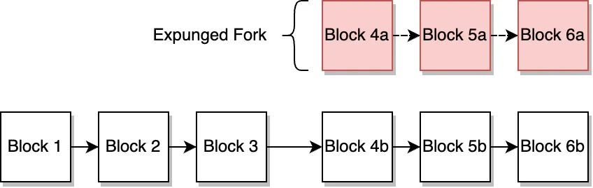 A network after a three-block re-org; transactions in blocks 4a, 5a, and 6a are no longer part of the canonical chain