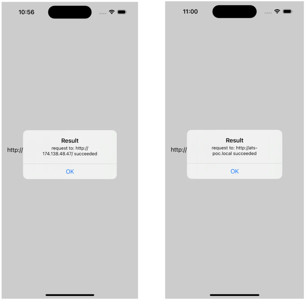 Two iOS screenshots showing success dialogs for POST requests sent to an unencrypted IP address (left) and *.local domain (right)