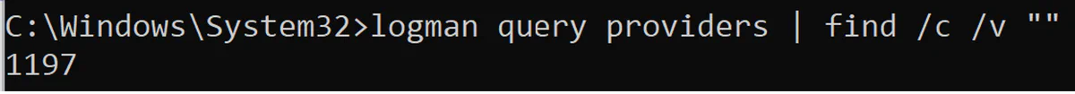 Command Prompt output showing logman query providers piped to find /c /v returning a count of 1197