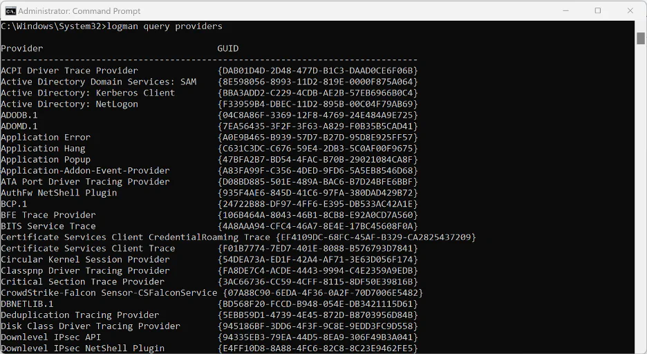 Command Prompt output of logman query providers listing ETW provider names and GUIDs