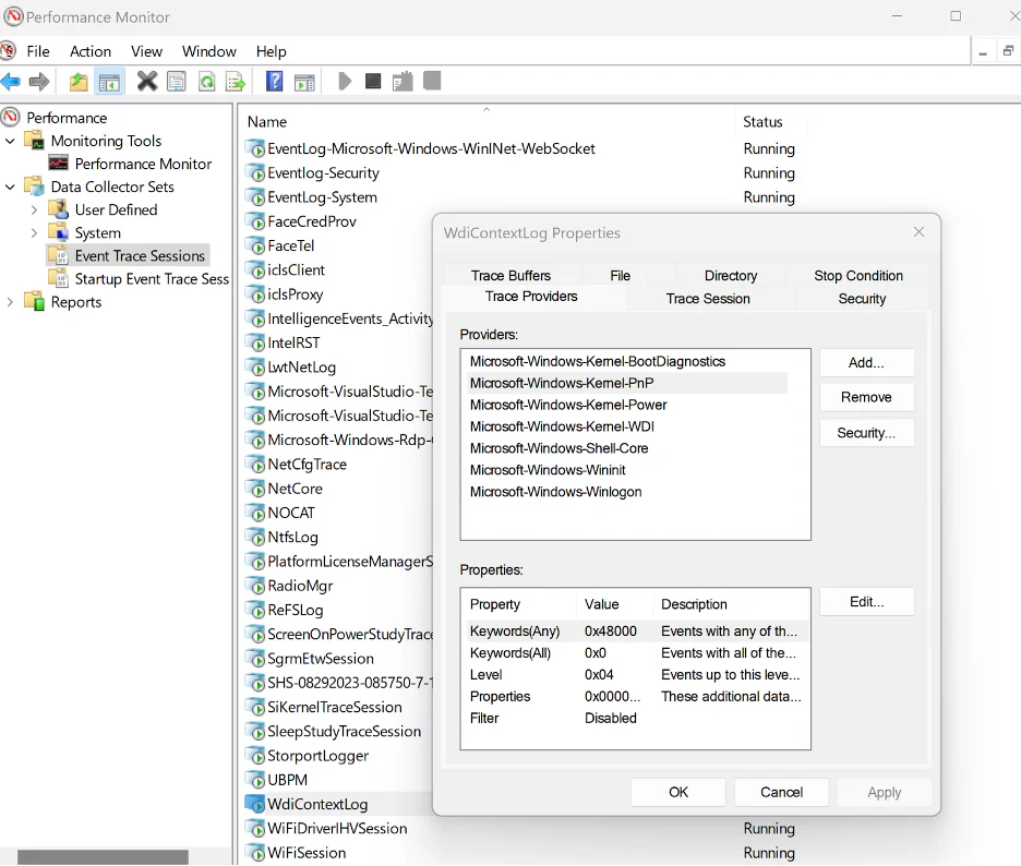 Performance Monitor showing the WdiContextLog trace session properties, including its list of providers