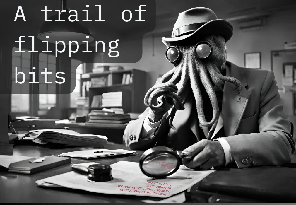 Illustration of a detective with tentacles examining strings of binary code with a magnifying glass, alongside the text ‘A trail of flipping bits’