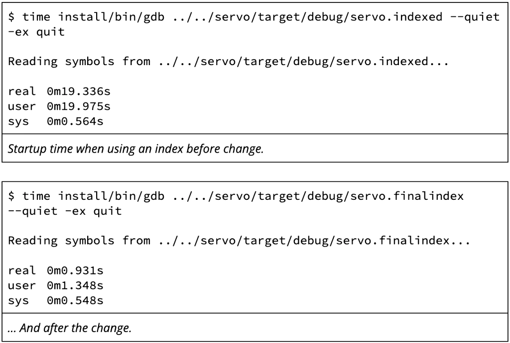 Terminal output comparing GDB startup times before and after an indexing change, showing startup time dropping from about 19 seconds to under one second